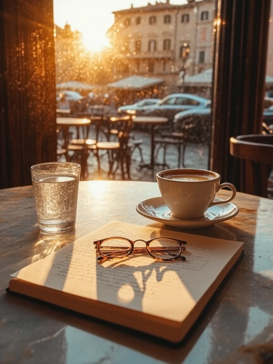 An Italian café at golden hour, an Italian notebook and an espresso on a marble table